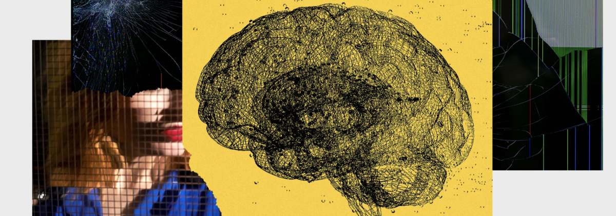 Imagem com recortes de um rosto feminino ao lado da ilustração de um cérebro