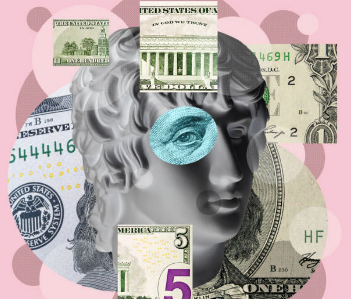 Colagens de imagem de rostos e notas de dinheiro