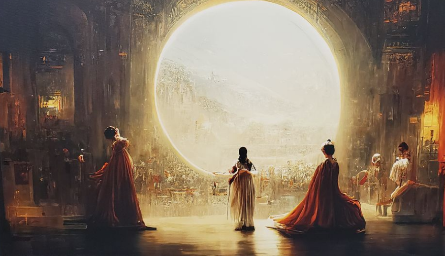 Obra de arte criada por uma IA com três mulheres pintadas olhando para um circulo que parece ser o sol