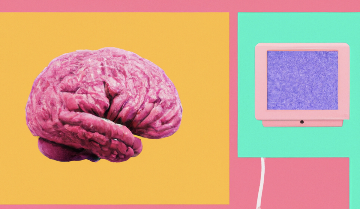 Imagem de uma colagem de um cérebro com um monitor