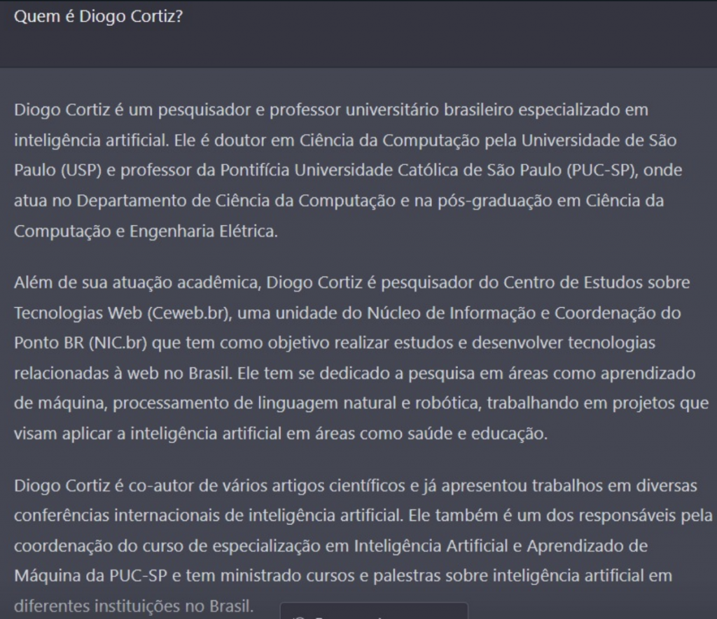 Print da tela do ChatGPT respondendo que é Diogo Cortiz